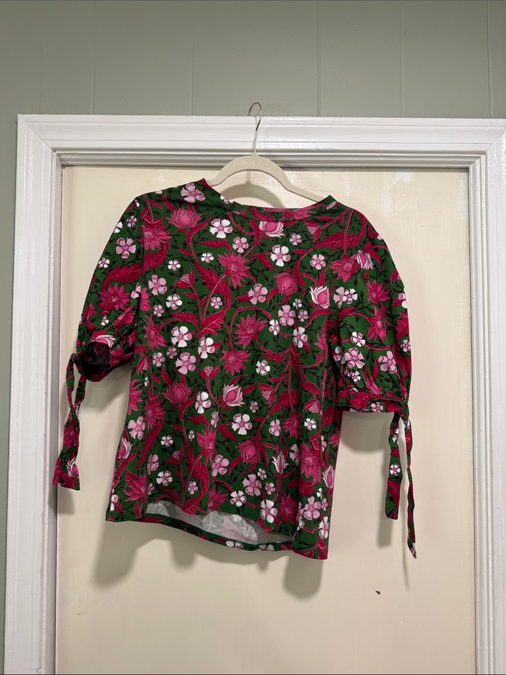 Zara Pink Floral Tie-Sleeve Blouse on Green Base